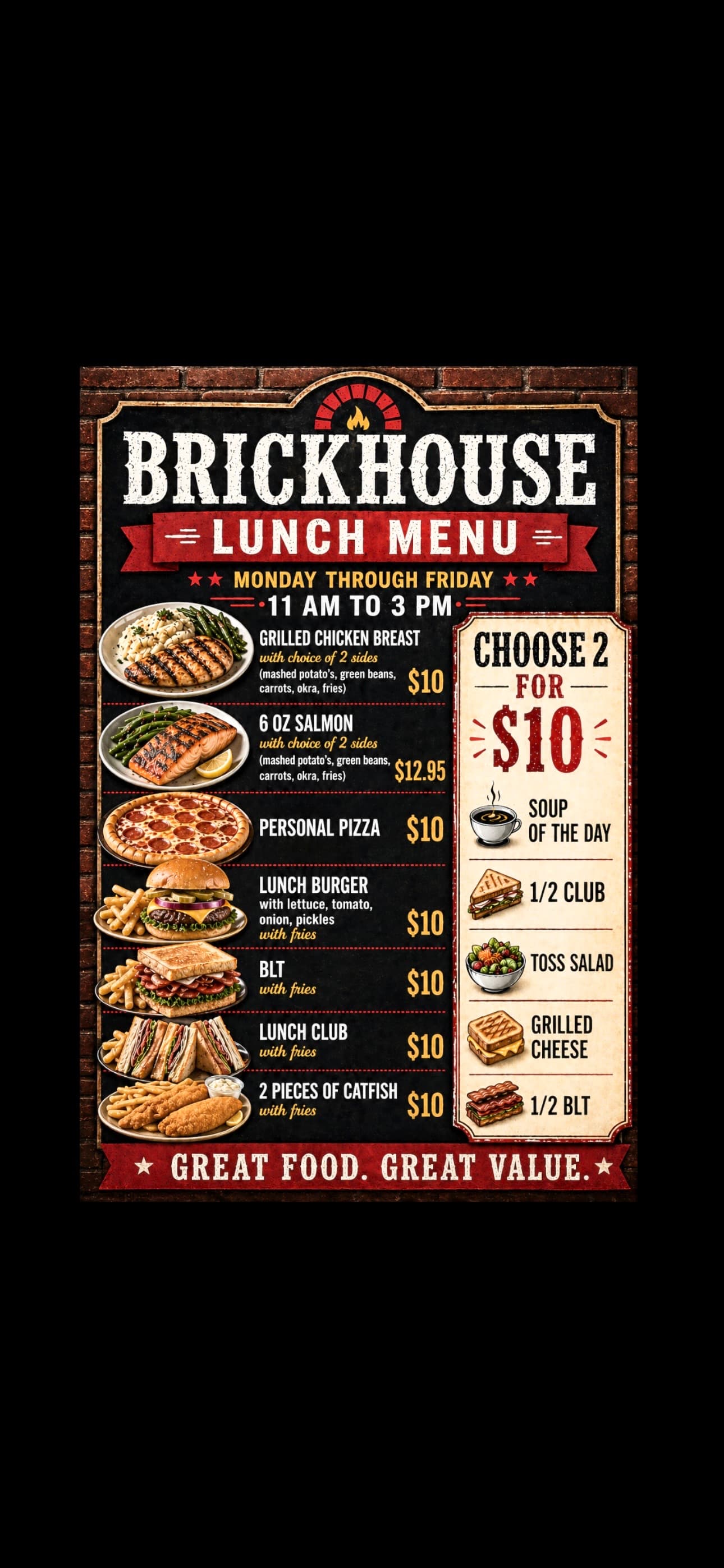 Brickhouse lunch menu featuring ten dollar specials like burgers, pizza, and a choose two deal.