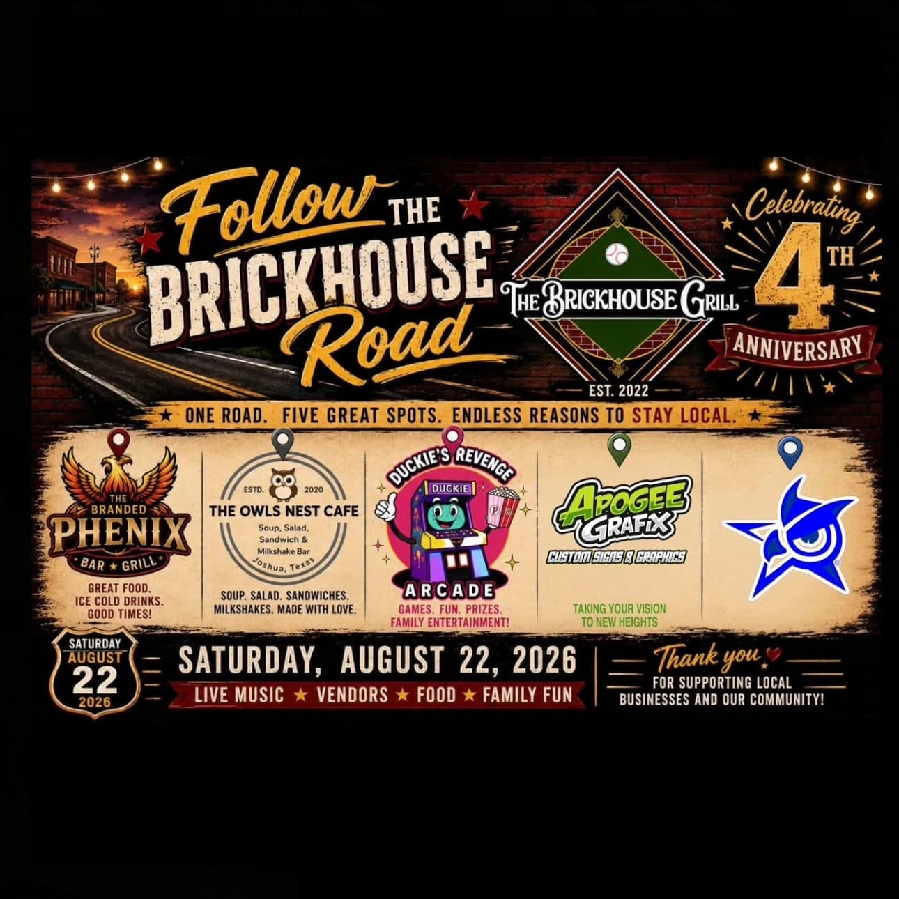 Poster for Follow the Brickhouse Road event featuring five local businesses on August 22, 2026.